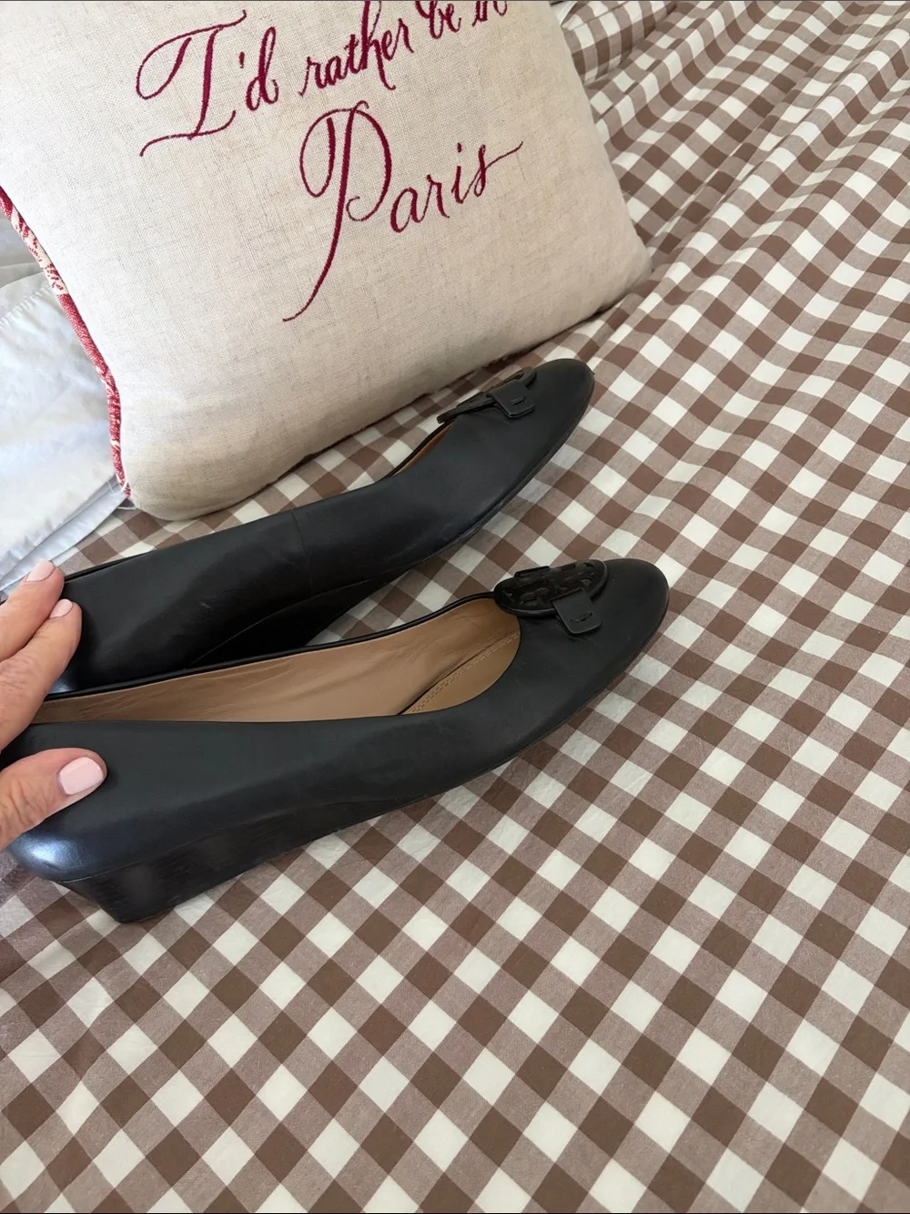 Tory Burch Black Leather Ballet Flats with Logo Accent